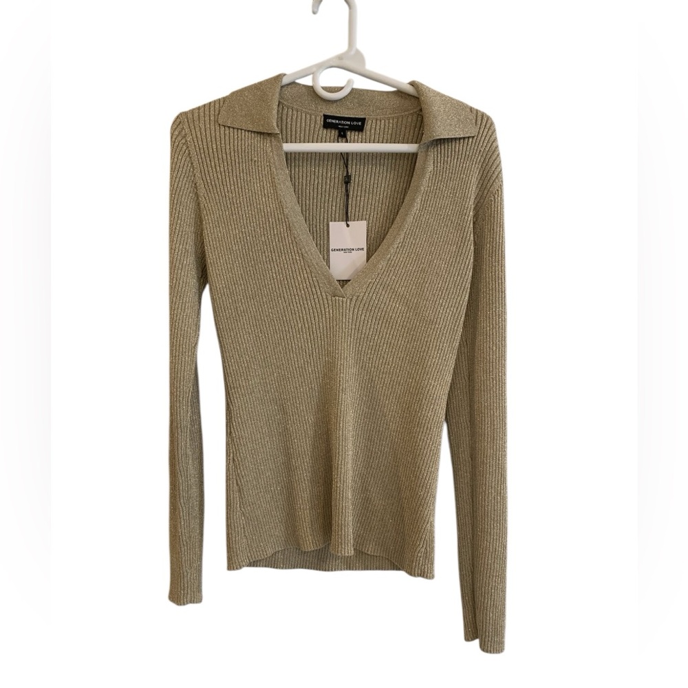 GENERATION LOVE Gold Metallic V-neck Ribbed Sweater size large